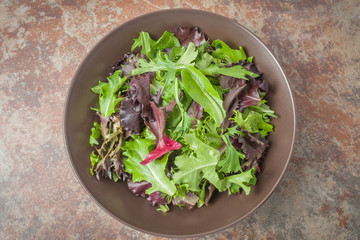 a bowl of fresh mixed green salad on metal textured background