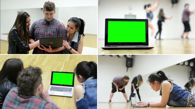 montage - three dancers work on computer - green screen