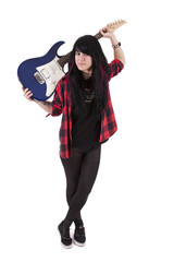 girl with electric guitar isolated