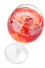 Cocktail with ice cube and strawberries.