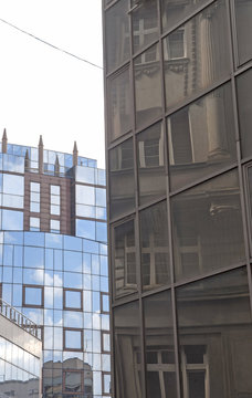 Belgrade sky line reflection in modern glass building