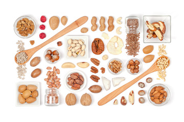 nuts and dried fruits on white background