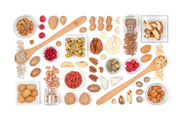 nuts and dried fruits on white background