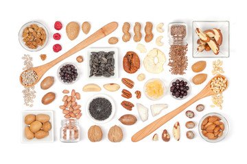 nuts and dried fruits on white background