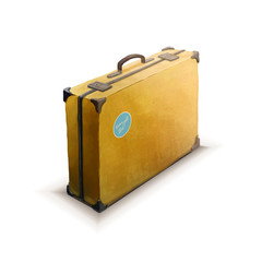 Yellow suitcase with sticker, realistic icon on white