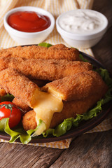 fried cheese with ketchup and vegetables. Vertical close-up