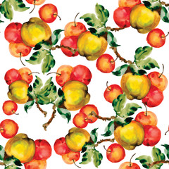 Seamless pattern with red apples and leaves