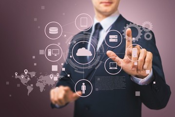 Consultant. Businessman hand touch 3d virtual chart business