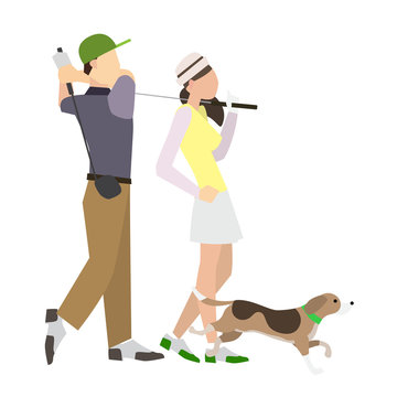 golfing man and woman vector isolate on white background.