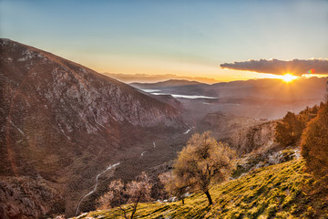 Amazing view of sunset in Delphi, Greece