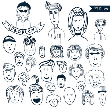  Hand drawn people icons doodle collection of funny faces