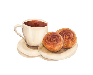 Cup of coffee with 2 buns. Watercolor