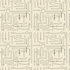 Medieval weaponry linear set seamless texture.