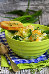 Soup with broccoli,rice and chicken meatball.