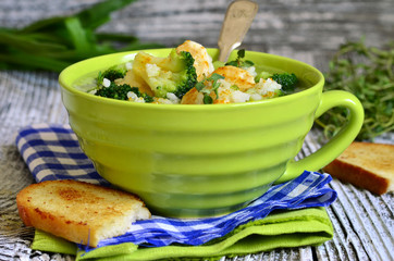 Soup with broccoli,rice and chicken meatball.