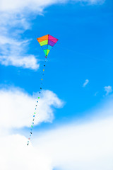 Colorful kite flying in the wind background blue sky