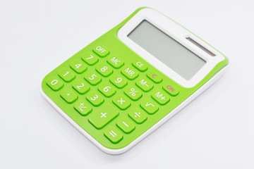 Green calculator isolated white background.