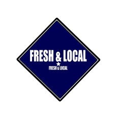 Fresh and Local white stamp text on blue black background
