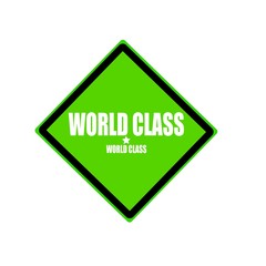 World class white stamp text on green background