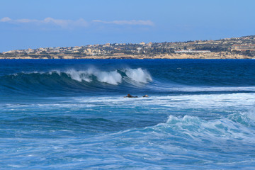 Sea waves off the coast of Cyprus. Surfers
