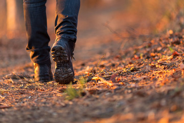 Close-up van vrouw benen wandelen in de natuur bij zonsondergang.