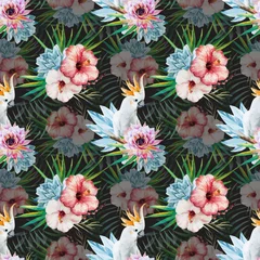Fototapeten Watercolor pattern with parrot and flowers © zenina