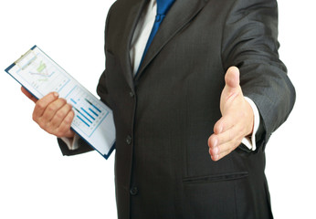 Businessman offering handshake standing with folder