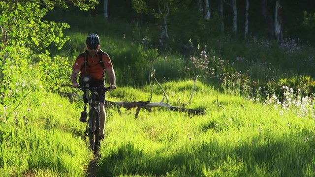 CU MS PAN Rear view of man with artificial limb riding mountain bike through grassy hill / American Fork Canyon, Utah, USA