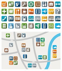 City map, color icons, service, urban services.