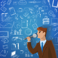 Conference illustration on hand drawn business icons background 