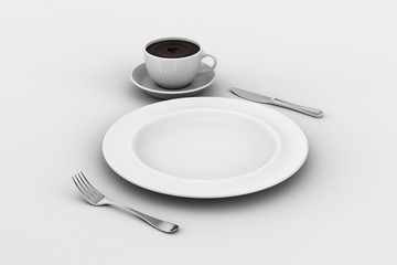Dinner Plate, Knife, and Fork, coffee cup
