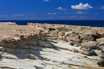 Coastal cliffs of the Akamas peninsula in the background blue sea. Cyprus 
