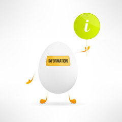 Happy cartoon egg creature with information sign. Cute