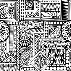 Seamless  floral doodle black and white background pattern in