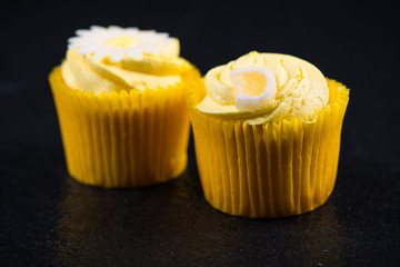 Lemon cupkace decorated with icing on dark background