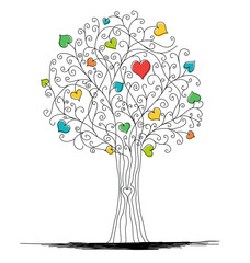 Swirl tree with hearts wedding invitation concept