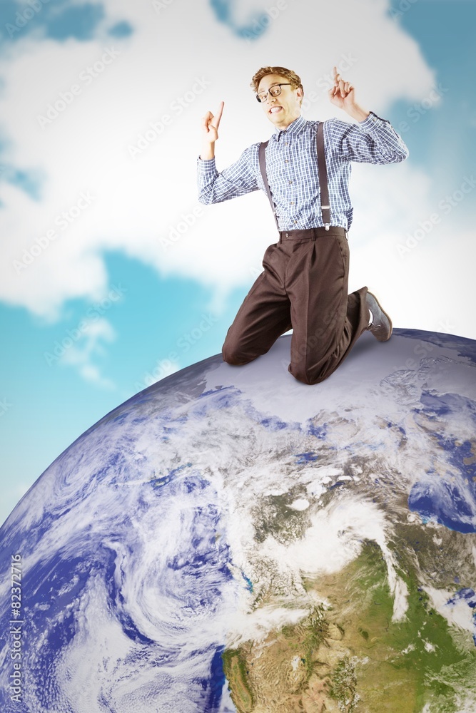 Aufkleber Composite image of geeky hipster jumping and pointing