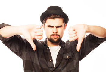 Naklejka premium young man doing bad signal