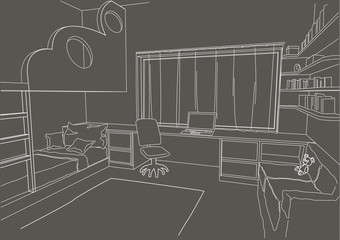 linear architectural sketch child room gray background