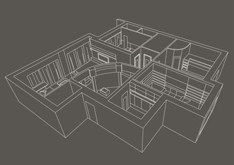 linear architectural sketch flat 3D gray background