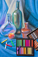 Artists pastels and original pastel drawing of still life.