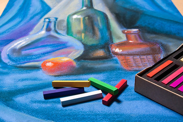 Artists pastels and original pastel drawing of still life.