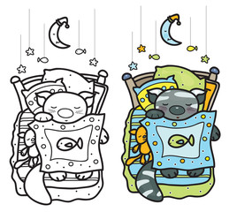 Vector sleeping cute kitten, colored and black silhouette, isola