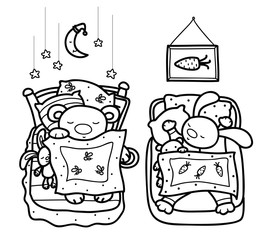 Vector sleeping cute animals, bear and rabbit, black silhouettes