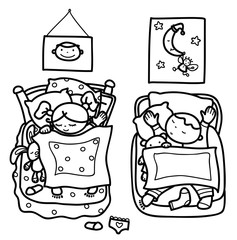 Vector sleeping cute kids, black silhouettes.