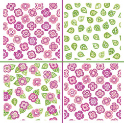 Vector seamless  floral patterns, green and pink colors, isolate