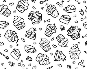 Vector sweet cupcakes pattern, black silhouette isolated.