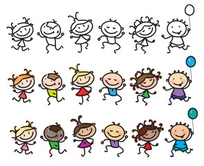 Vector fun, dancing multi-ethnic kids cartoons isolated.