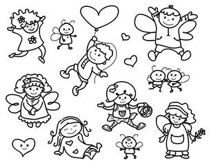 Vector set cute angels cartoons, black silhouettes.