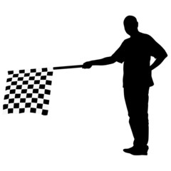 Man waving at the finish of the black white, checkered flag. Vec